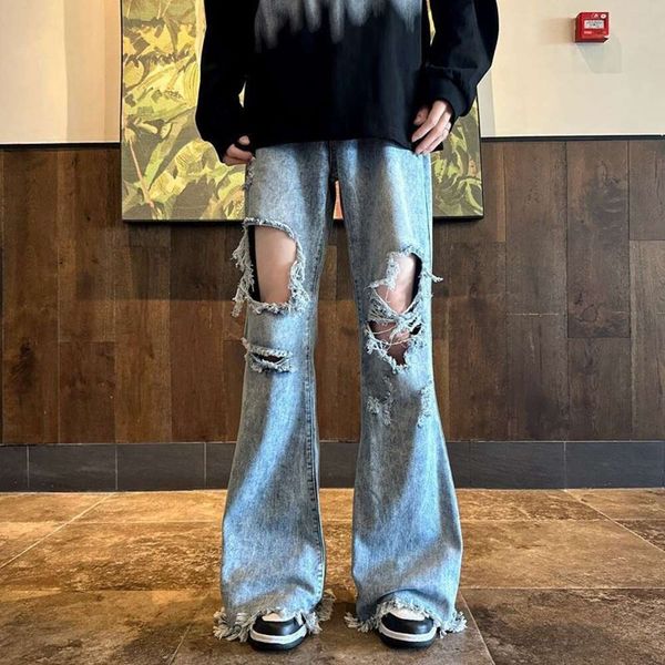 Jeans perfurados, calças largas micro alargadas estilo fino de verão masculino, calças de esfregão de chão com babados de perna reta solta do Instagram da moda