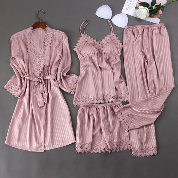 Женский комплект для сна, атласный полосатый комплект из 4 предметов, пижамный костюм, сексуальное кимоно, халат, домашняя одежда, кружевная лоскутная одежда для сна 240309