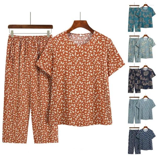 Kadınlar İki Parçalı Pantolon Lady Homewear Suit Çiçek Baskı Pijamaları Kısa Kollu Tişörtlü T-Shirt Geniş Bacak Elastik Bel Orta Yaşlı Konfor için