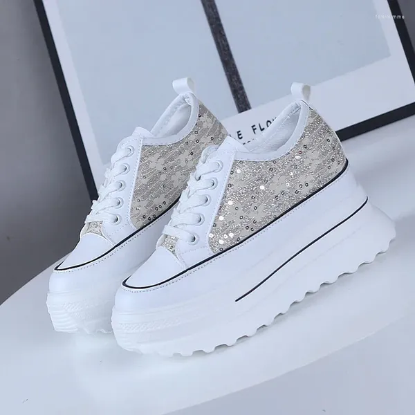 Scarpe casual 2024 Sneakers da donna Primavera con paillettes Piattaforma donna Tacchi Zeppe Altezza crescente Vulcanizzata 9 cm