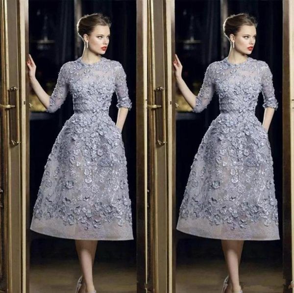 Elie Saab Abendkleider, elegante Spitzenapplikationen, A-Line-Abschlussballkleider, 34, langärmelig, Teelänge, sexy, formelles Party-Berühmtheitskleid, Cus7346320