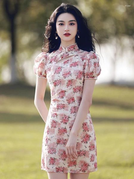 Roupas étnicas Francês Corte Osso Pequeno Cheongsam Primavera e Verão Melhorado Vestido Jovem Menina Curto Sexy