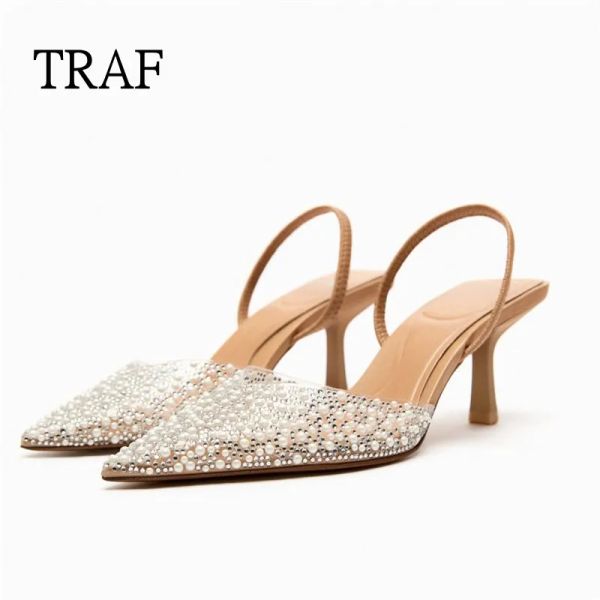 Сапоги Traf Summer Women Women Sandals 2023 Модная жемчужная отделка Slingback Woman Pumps Уэлпные высокие каблуки Элегантная женская обувь