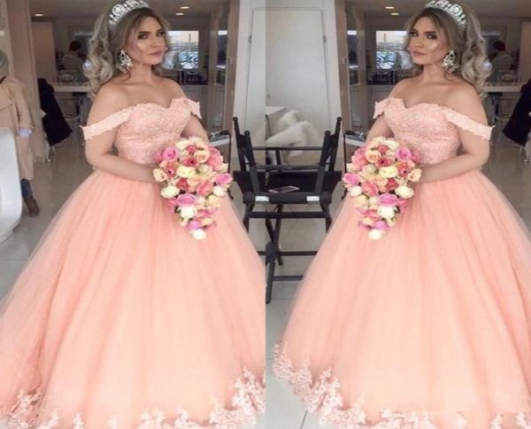 Yeni şeftali quinceanera kapalı omuz aplikleri boncuklar dantel yukarı balo elbisesi tül 16 tatlı kız balo elbiseleri parti elbiseleri özel m2911639