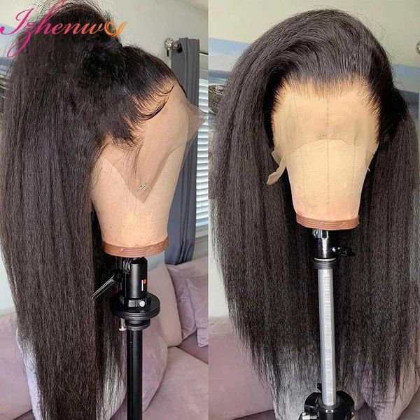 Perucas sintéticas transparente kinky reta peruca dianteira do laço pré arrancado yaki brasileiro 13x6 fechamento do laço peruca de cabelo humano para mulher natural linha fina 240329