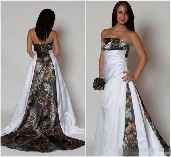 Chegada nova Strapless Camo Vestido de Noiva com Pregas Cintura Império Uma linha Varrer Trem Realtree Camuflagem 2019 Betra Vestidos de Noiva2177938