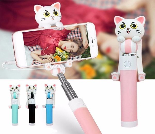 Mini Selfie Sticks Monopiede Cablato Allungabile Simpatico Cartone Animato Gatto Selfie Per Smartphone Selfpole Portatile Universale Per Ios Android1220158