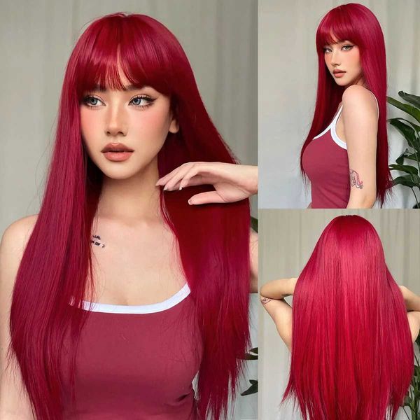 Parrucche sintetiche Parrucche sintetiche rosso vino chiaro con frangia per donna Parrucca per capelli lunghi lisci Naturale per feste cosplay resistente al calore 240328 240327