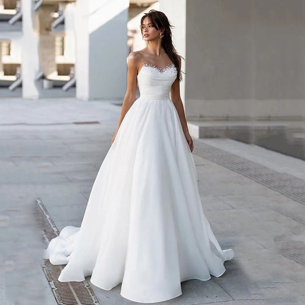 Neues weißes A-Linien-Hochzeitskleid 2024 mit schierem Ausschnitt, ärmellos, Perlen, Strand, Brautkleider, Vestidos de Novias, Robe de Mariage