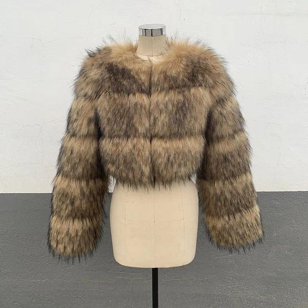 Damen Pelz FANPUGUIZHEN-Faux Waschbär Silber Mantel für Frauen Natürliche Winterkleidung Rundhals Warm Dicke Jacke Stil