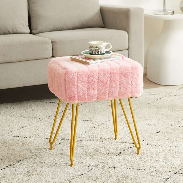 Leesingdo Soft Faux Fur Chair, com 4 pernas de metal pés dourados ajustáveis, descanso de pé otomano cinza moderno, banquinho para o quarto de maquiagem, rosa