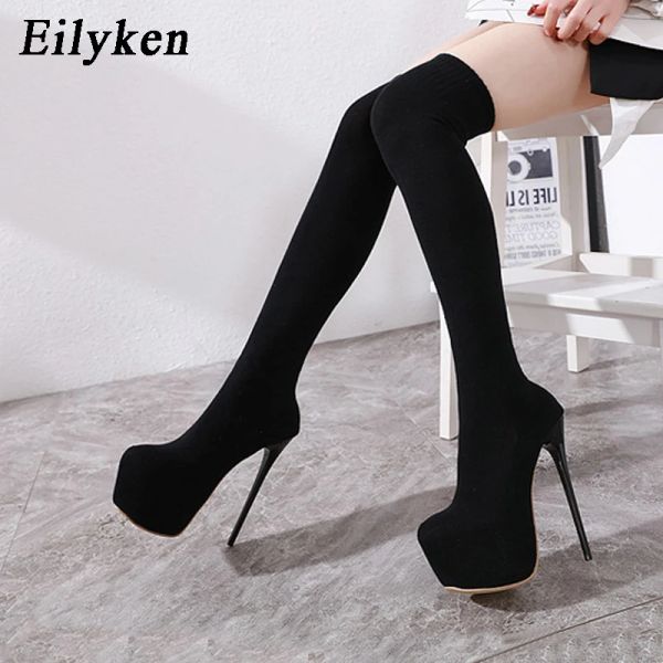 Stivali Eilyken Fashion Platform Tessuto tratto tra gli stivali da ginocchio Women Sexy Club Coscia lunga calza a spillo alto tacco Botas de Mujer