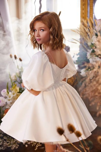 Manga inchada curto laço flor menina vestidos de cetim branco criança princesa vestido de festa de casamento santo primeira comunhão bola 240312