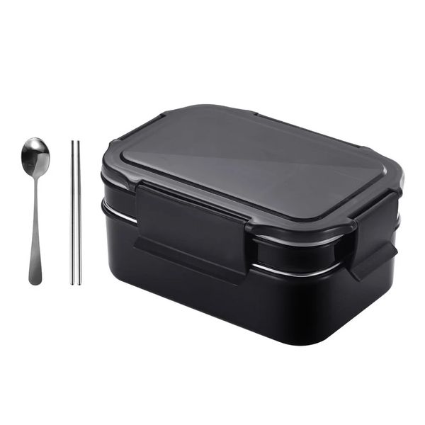 Bento Boxes Adulti Conservazione del pranzo Cibo termico 20.5X14X9CM Contenitore in acciaio inossidabile Silicone nero Studenti Bambino portatile 240304