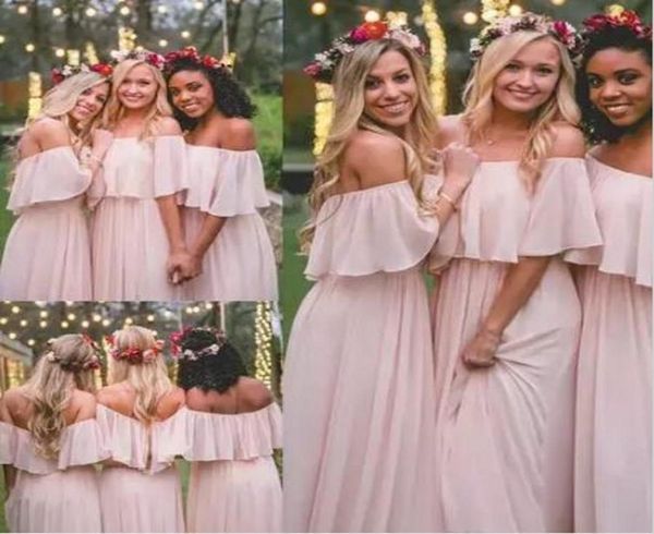 Novo chiffon longo vestidos de dama de honra elegante rosa fora do ombro praia boêmio dama de honra festa de casamento plus size vestido de baile b4926740