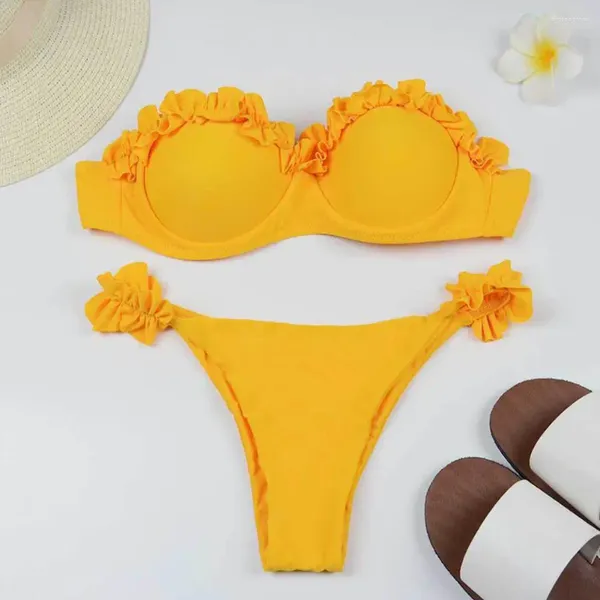 Costume da bagno da donna Costume da bagno a due pezzi Design diviso Elegante bikini a fascia con volant per le donne Push Up con vita media