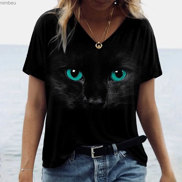 Damen T-Shirt Damen T-Shirt Kaii Cat Print 3D T-Shirt Top Fashion Y2k Kurzarm T-Shirts V-Ausschnitt Weibliche Kleidung Übergroße Sommer T ShirtsC24319