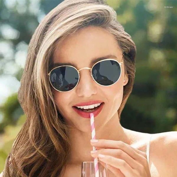 Óculos de sol moldura de metal ouro mulheres espelho redondo óculos de sol revestimento reflexivo retro marca designer tendência eyewear