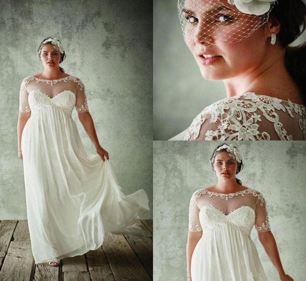 Jenny Packham Brautkleider in Übergröße mit halben Ärmeln, durchsichtiges Juwel, A-Linie, Spitze, appliziertes Chiffon-Brautkleid mit Empire-Taille, Bri5215710