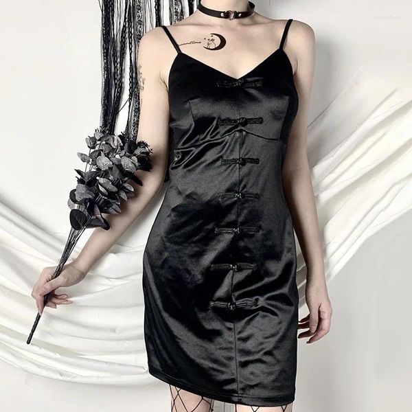 Casual Kleider Harajuku V-ausschnitt Frauen Cheongsam Kleid Retro Hohe Taille Strap Schlank Gothic Punk Sexy Club