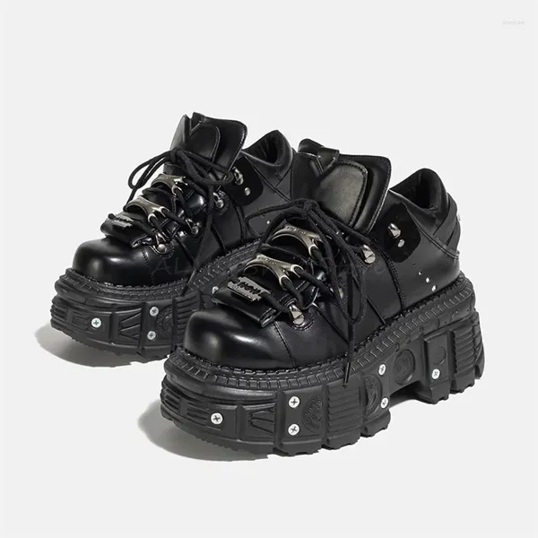 Sapatos casuais gótico grosso sola punk metal decoração altura aumento de couro preto feminino rock rendas até rebites único para mulher