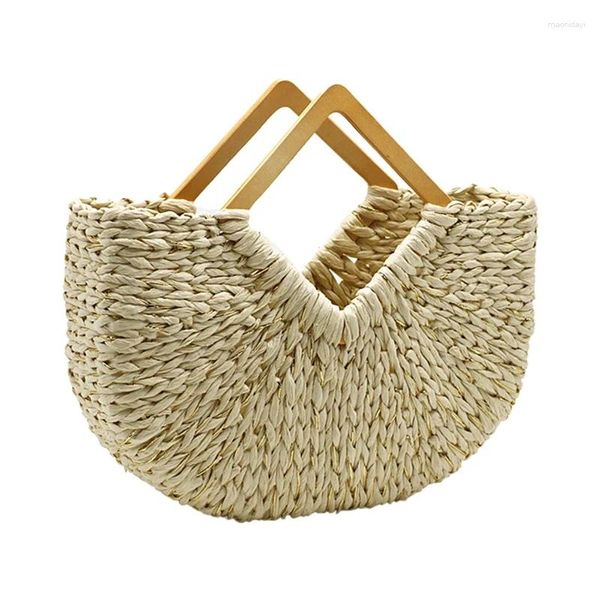 Totes DOME Quadratische Holzgriff-Halbmond-Stroh-Einkaufstasche für Damen, Designer-Handtasche mit großer Kapazität, gewebt, Strand-Damen-Böhmen-Handtasche