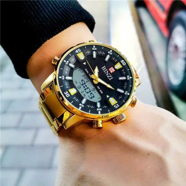 Armbanduhren Top Marke Luxus Männer Armbanduhr Wasserdichte Sport Digitale Uhren Männer LED Stahl Militär Quarzuhr Gold farbe Große Zifferblatt uhr 24319