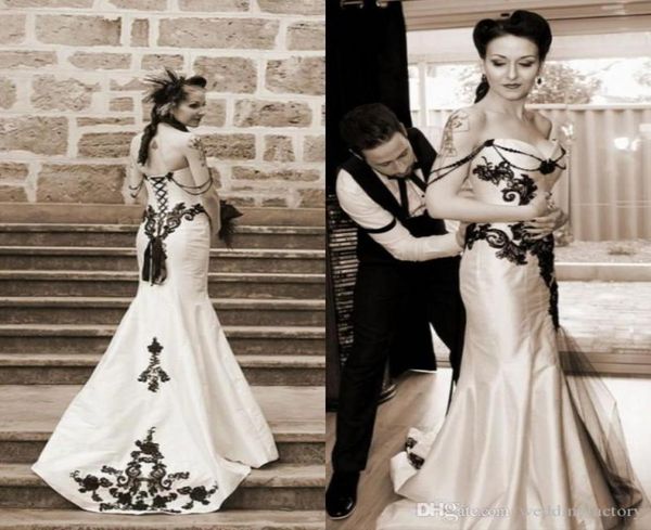 Винтажные готические свадебные платья с русалкой, черно-белые кружевные аппликации в форме сердца, свадебное платье длиной до пола, свадебные платья, халаты de 2451830