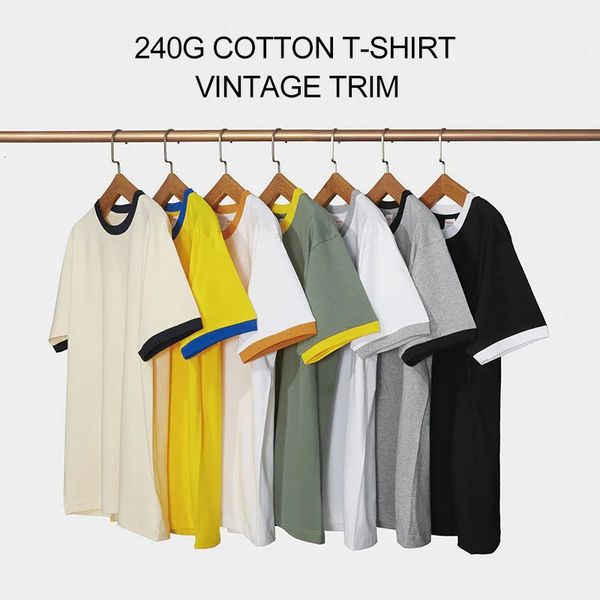 Mens sade tişört pamuk 240g Japon retro çarpmış renk eşleşen ağır kadınlar gevşek kısa kollu moda genç üst tees 240307