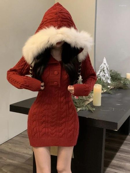 Casual Kleider 2024 Winter Weihnachten Gestrickte Pullover Kleid Mit Kapuze Frauen Slim Bodycon Y2k Mini Pelz Weibliche Einteilige Koreanische Elegante