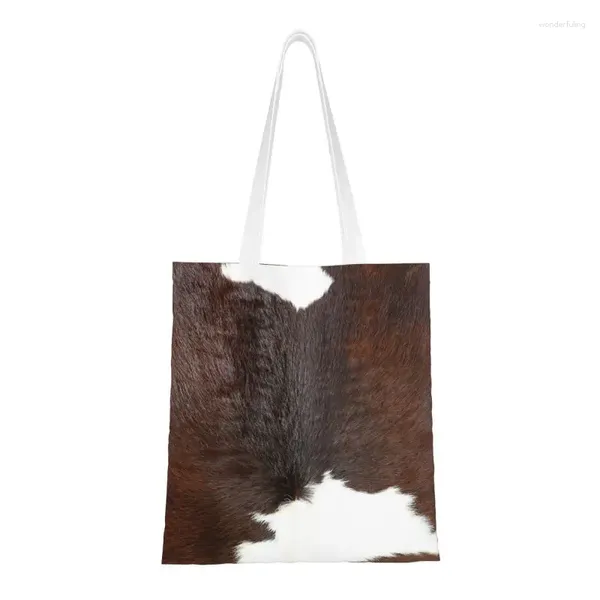 Alışveriş Çantaları Modern Cowhide Sivan Deri Detay Torba Baskı Tuval Omuz Tote Hayvan Gizle Bakkaliye Müşteriler
