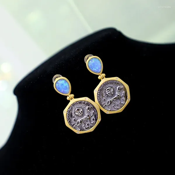 Baumelnde Ohrringe ZOCA, individuelle synthetische japanische Opal-Münze, 925er Silber, eingelegt, nanoplattiert, Vintage-Edelschmuck, Geschenke für Frauen