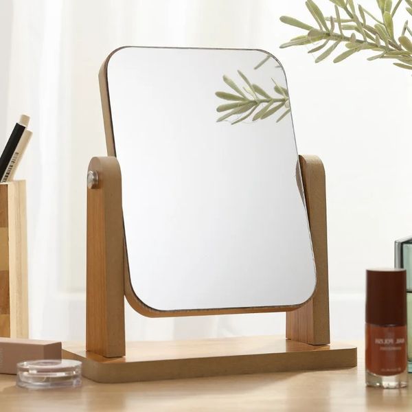 Espelho de maquiagem de madeira simples rotativo espelho de mesa dormitório estudante espelho de vaidade portátil dobrável moda espelho para casa