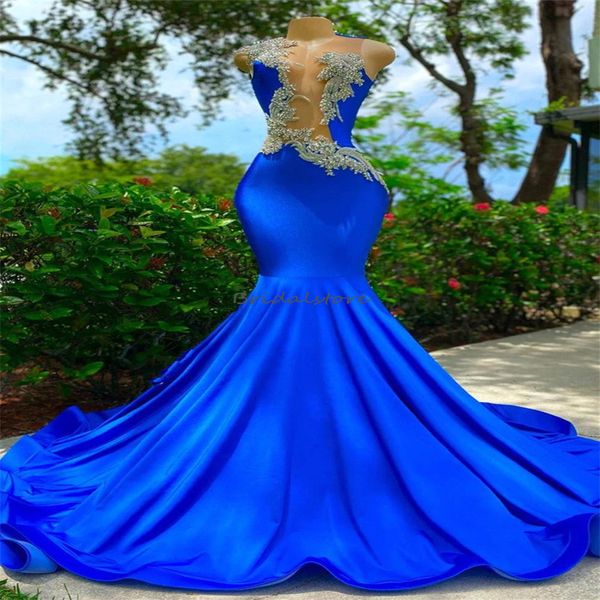 Kristallperlen königsblaue Ballkleider für schwarze Mädchen, durchsichtiges Meerjungfrau-Abendkleid vorne, elegantes Fischschwanz-Formalkleid mit offenem Rücken, 2024, Tanz-Vestios de Fiesta