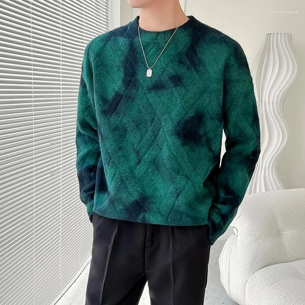 Suéter masculino contrastante suéter quente/de alta qualidade outono inverno gravata tingida gola redonda solta negócios casual diamante suéter pulôver