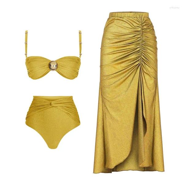 Mulheres Swimwear Sólido Amarelo Cintura Alta Bikini Set Cover Up Swimsuit Para Mulheres Push Halter Três Peças 2024 Beach Bathing Suits
