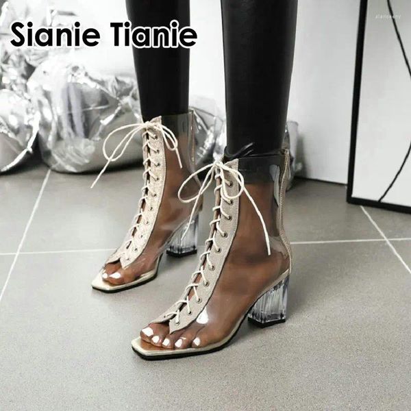 Stiefel Sianie Tianie 2024 Sommerschuhe für Frau PVC Transparent Kreuz gebunden Peep Toe Frauen Knöchel Klar Block High Heels