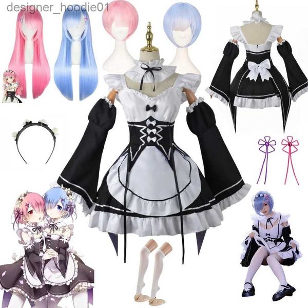 cosplay Costumi anime Ram Rem Lolita Maid giochi di ruolo in un mondo diverso da zero alle donne che rivivono Lolis Halloween party outfitC24320