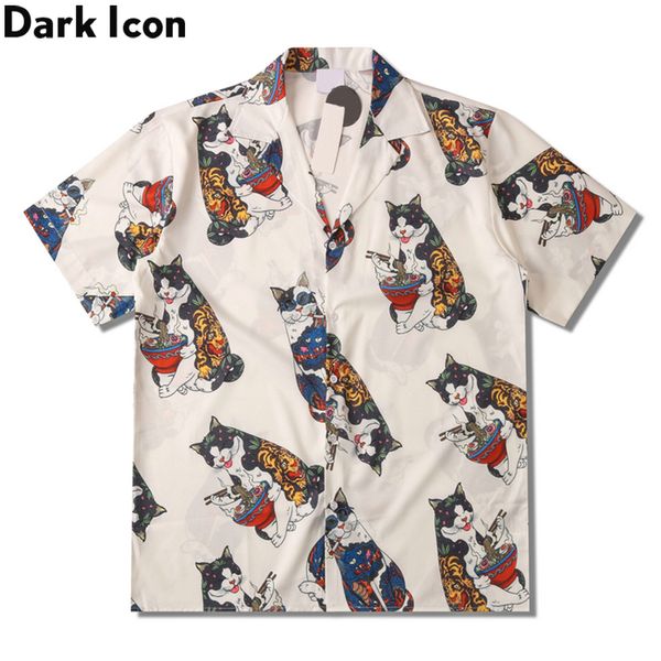 Harajuku Cat Polo Camisa Men 2024 Blusa do homem da camisa havaiana masculina do verão