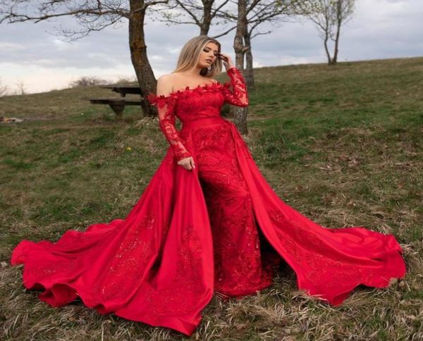 Abiti da ballo in pizzo a sirena rossa con spalle scoperte maniche lunghe abiti da sera con strascico staccabile taglie forti raso con paillettes formale Dr7797535