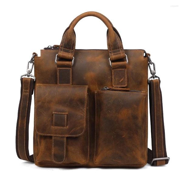 Aktentaschen Herren Crazy Horse Vintage Echtes Leder Männer Tasche Business Mode Vertikale Männliche Handtasche Aktentasche Schulter