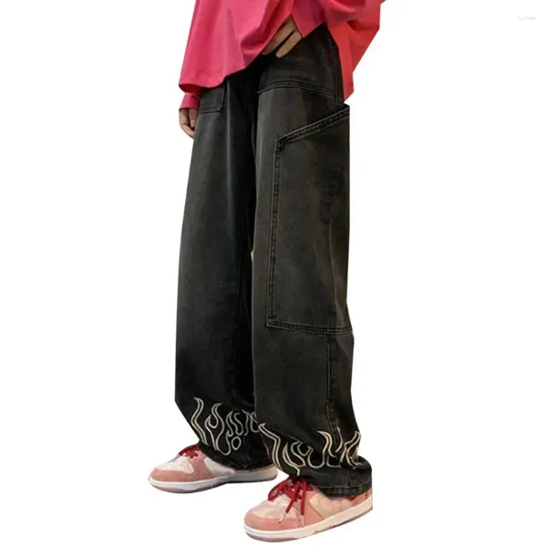 Erkek Kot Penerler Elastik Bel Alev Desen Denim Pantolon Düz Bacak Sıkıcı Tasarım Yüksek için Büyük Cepler