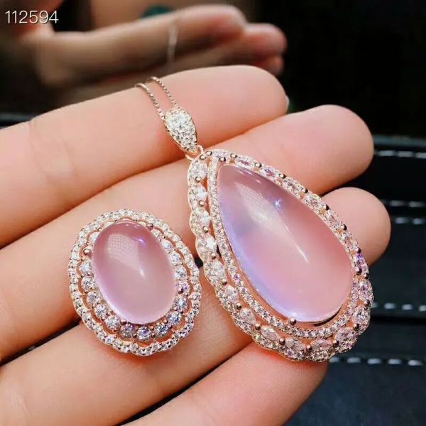 Collane Meibapj Set di gioielli pregiati con pietre preziose naturali di alta qualità rosa grande quarzo rosa Collana in puro argento e abito ad anello per donna