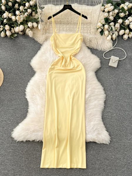 Vestidos Casuais Foamlina Sexy Sem Mangas Backless Sling Dress Mulheres Elegante Amarelo Spaghetti Strap Skinny Fit Bodycon Party Férias Longo