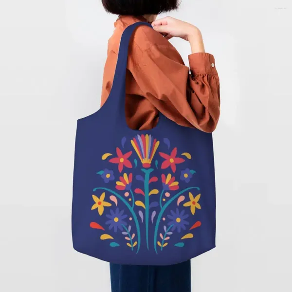 Alışveriş çantaları meksika otomi çiçek kompozisyonu sanat çantası tuval omuz tote dayanıklı halk çiçekleri desen bakkal alışveriş