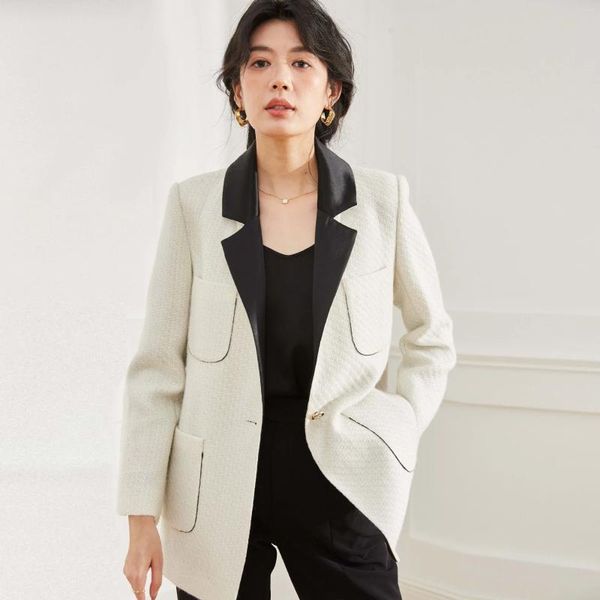 Damenanzüge, Tweed-Blazer, Vintage-Anzug aus schwarzer und weißer Wolle, elegante Business-Casual-Oberbekleidung aus Wolle, koreanische Bewertungen, viele Kleidungsstücke