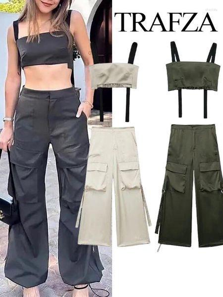 Zweiteilige Damenhose TRAFZA Sommermode Damen 2-teiliges Set Sexy ärmellose rückenfreie trägerlose Oberteile Taschen Bandage Hosen Hosenanzüge