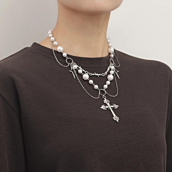 Correntes gótico rosário colar artesanal pérola frisado punk em camadas moda jóias presente para mulheres meninas