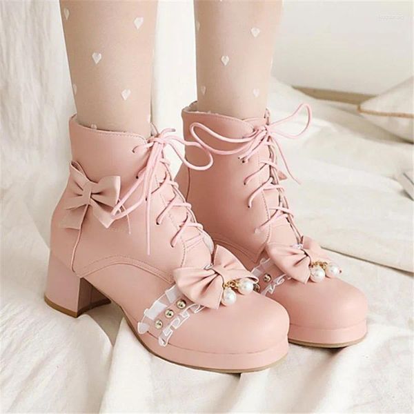 Botas Pxelena Japonês JK Doce Lolita Princesa Cosplay Tornozelo Borboleta-Nó Pérolas Ruffles Vestido de Festa de Casamento Sapatos Plus Size