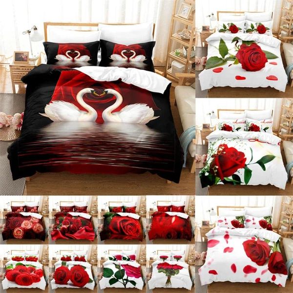 Set biancheria da letto Set copripiumino fiore rosso Letto singolo king size rosa completo